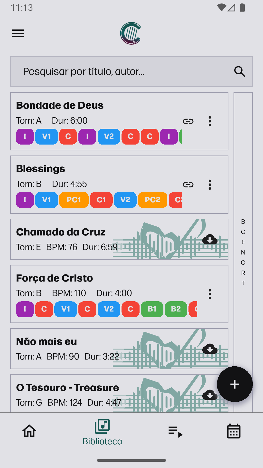Tela da biblioteca de cifras do app CORDEOS