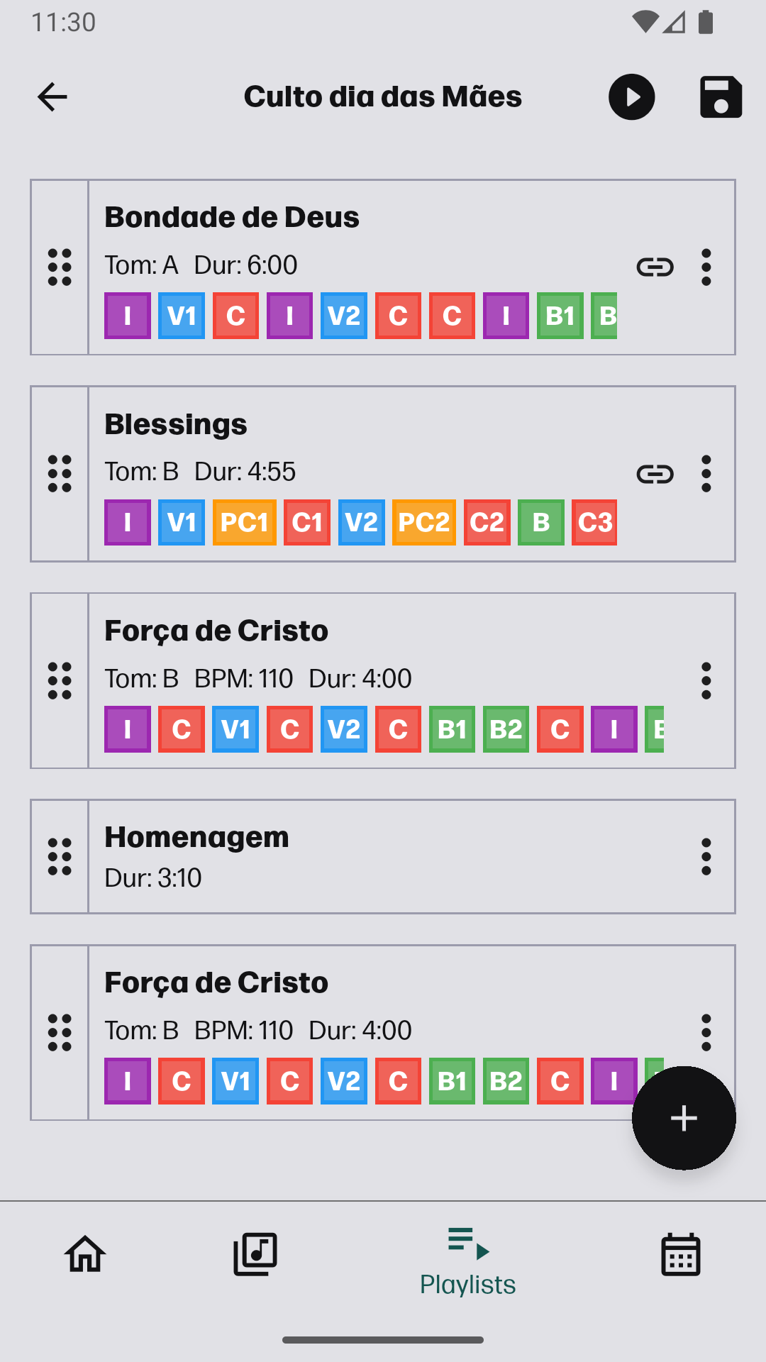 Playlist de culto montada no CORDEOS com músicas em ordem de execução